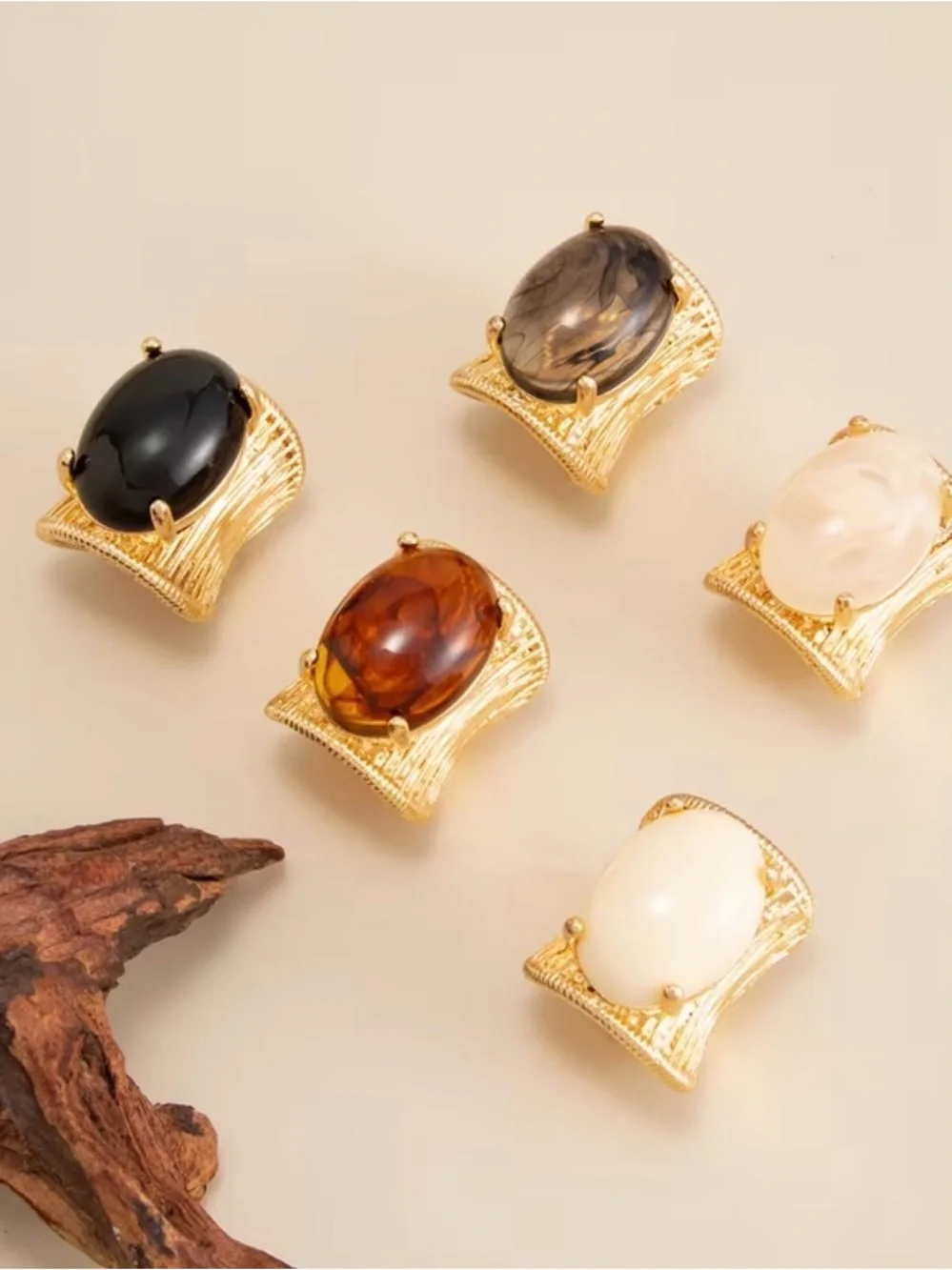 Gold Plated Cabochon Statement Ring Amber